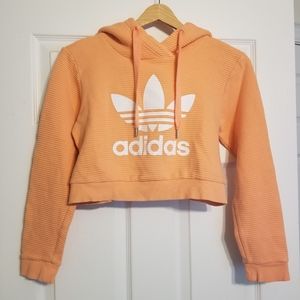 adidas Peach Orange Trefoil Logo Cropped Ribbed Hoodie Sz S petite